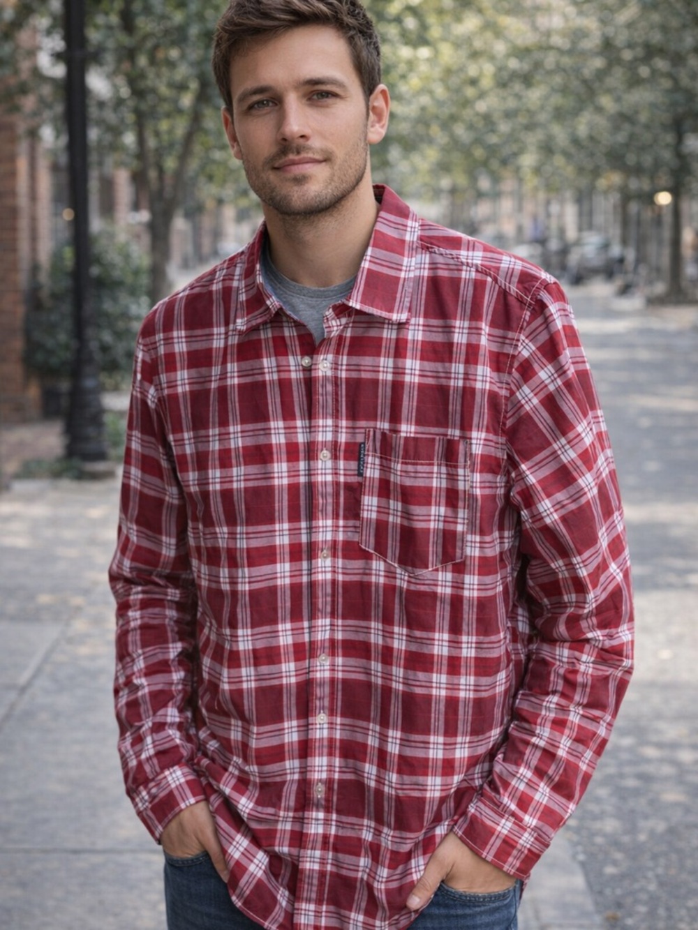 Ecko Unltd Plaid Shirt Red White Long Sleeve Size Medium